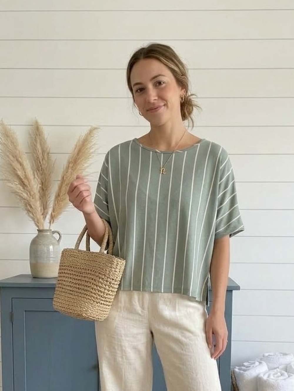 Kindred Sage Green White Vertical Striped Boxy Drop Shoulder Short Sleeve Tee